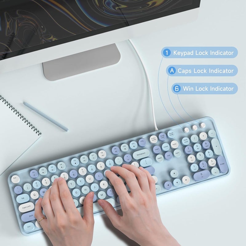 Atelus USB Wired Computer Keyboard - Retro Typewriter Keyboard - Full Size Office Keyboard with Number Pad, Caps Indicators, Foldable Stands, for PC Laptop Desktop Windows (Blue Colorful) - Image 4
